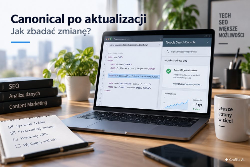 Laptop z kodem canonical i analizą adresu w Google Search Console