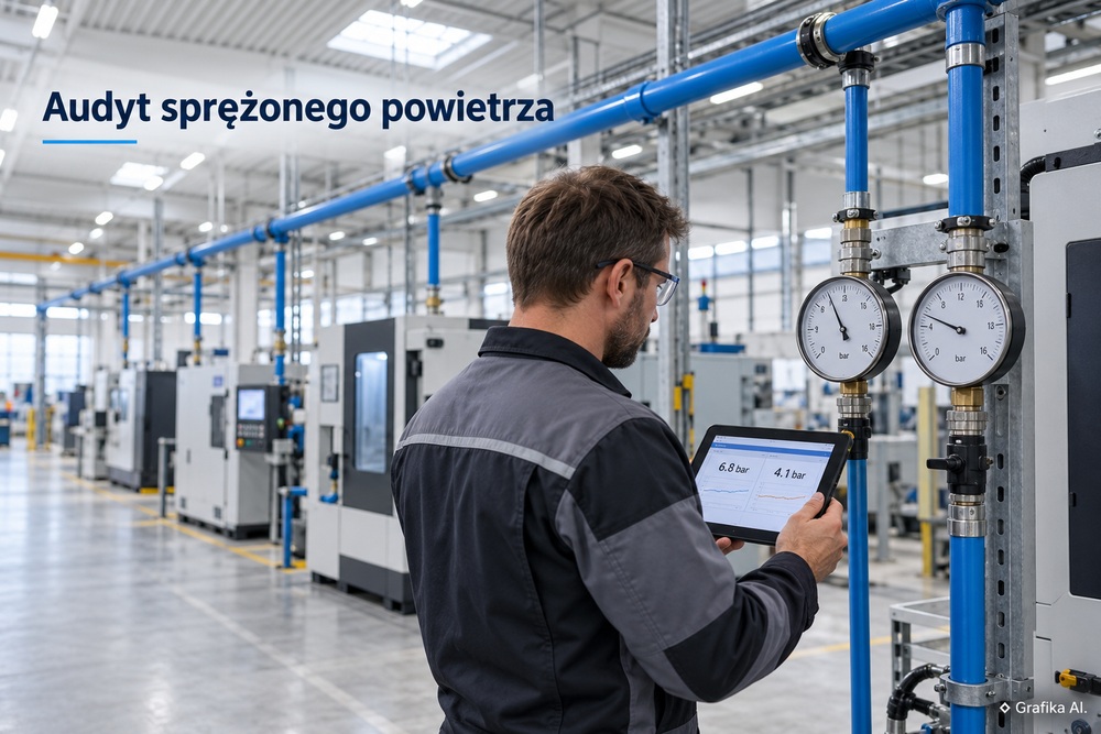 Technik porównuje ciśnienie w instalacji sprężonego powietrza w hali