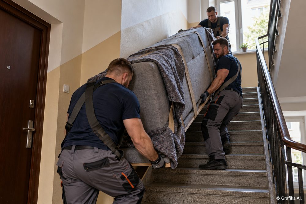 Ekipa przeprowadzkowa przenosząca zabezpieczoną kanapę po schodach
