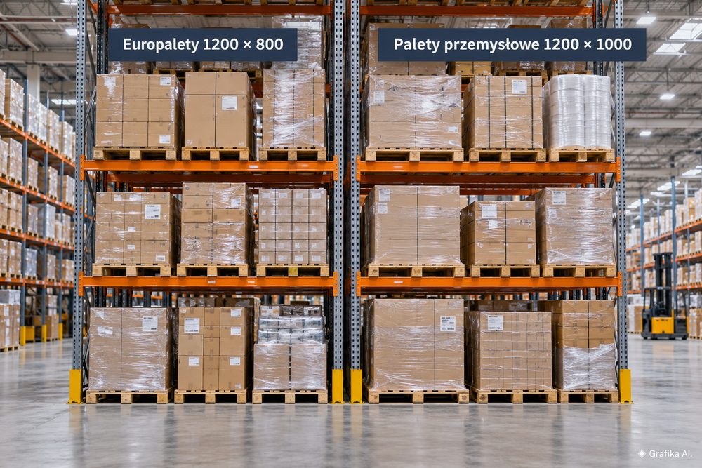 Regały magazynowe z europaletami 1200 × 800 mm i paletami przemysłowymi 1200 × 1000 mm