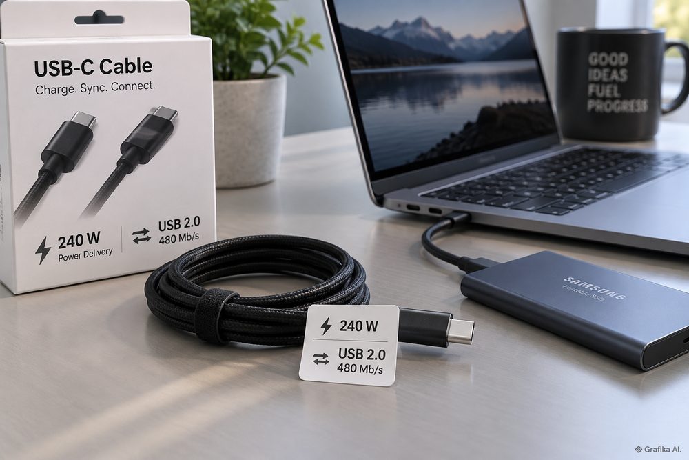 Kabel USB-C 240 W z transmisją USB 2.0 obok laptopa i dysku SSD